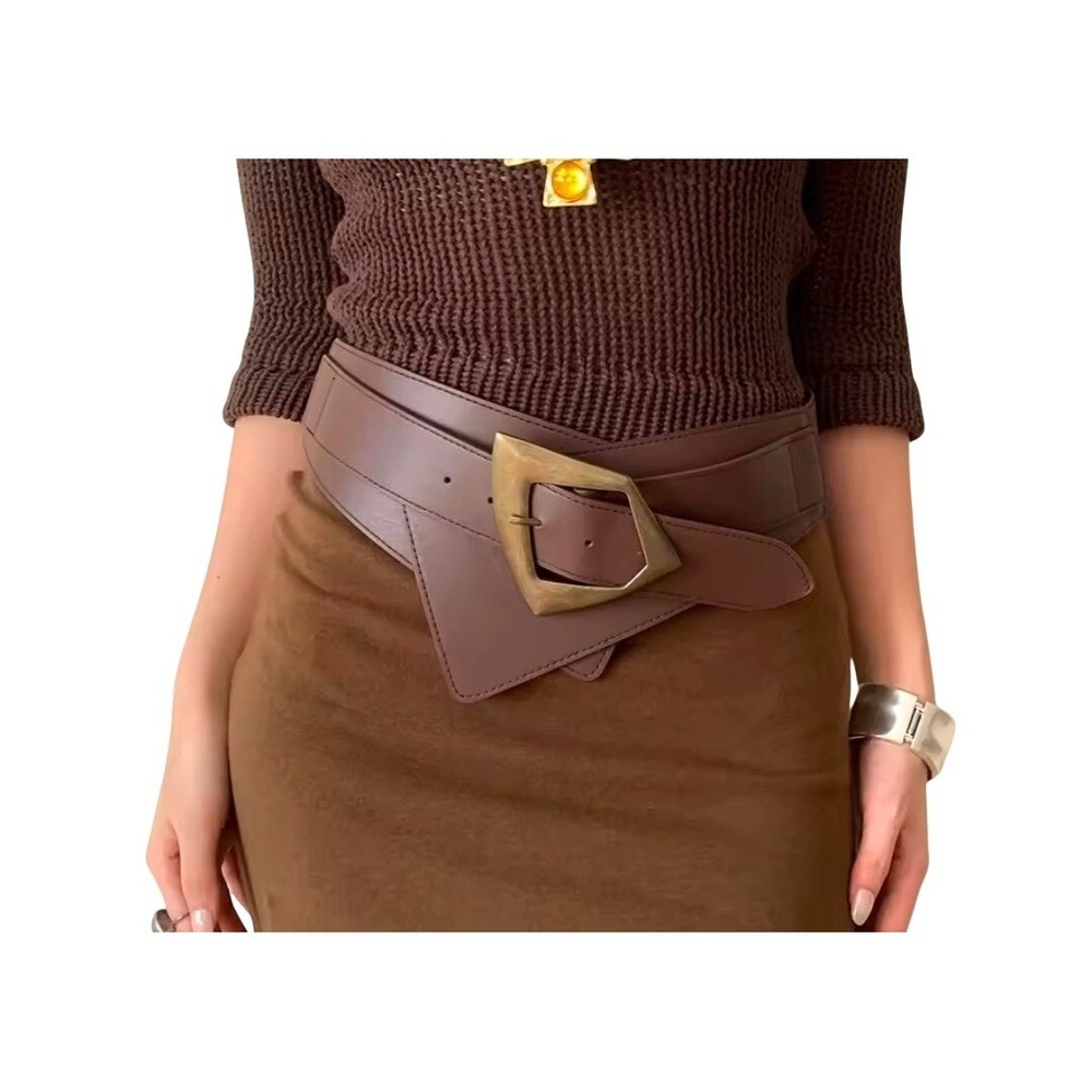 Womens Wide Asymmetric Waist Belt Chocolate Brown Faux Leather Geometric Buckle